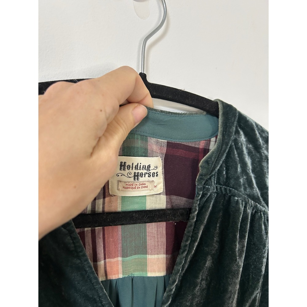 Holding Horses Nantes Velvet V Neck Button Front Babydoll Dress Teal Green M - Picture 4 of 11